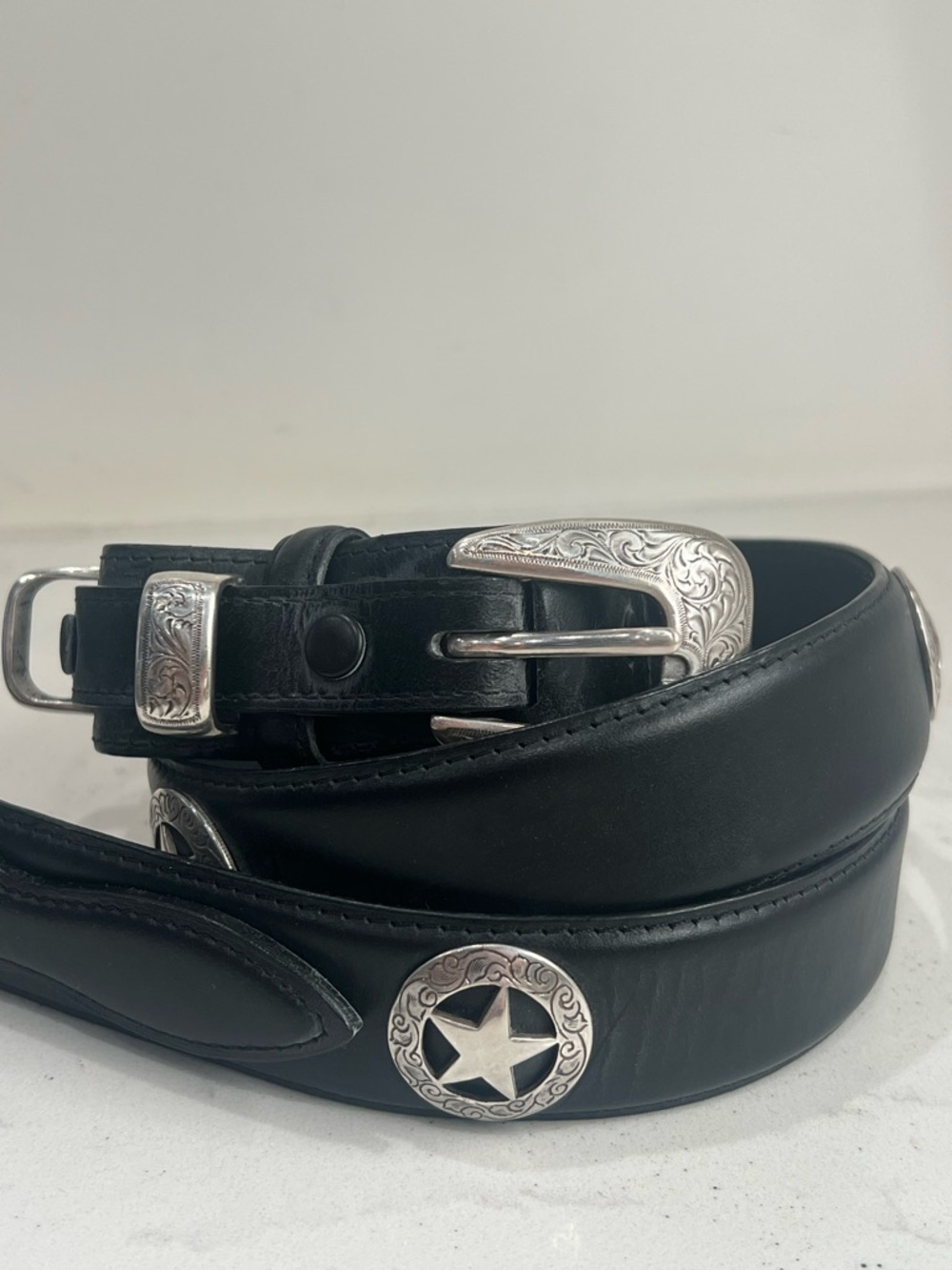 Western Silver Texas Star Conchos Black Belt Genuine Leather Size 42